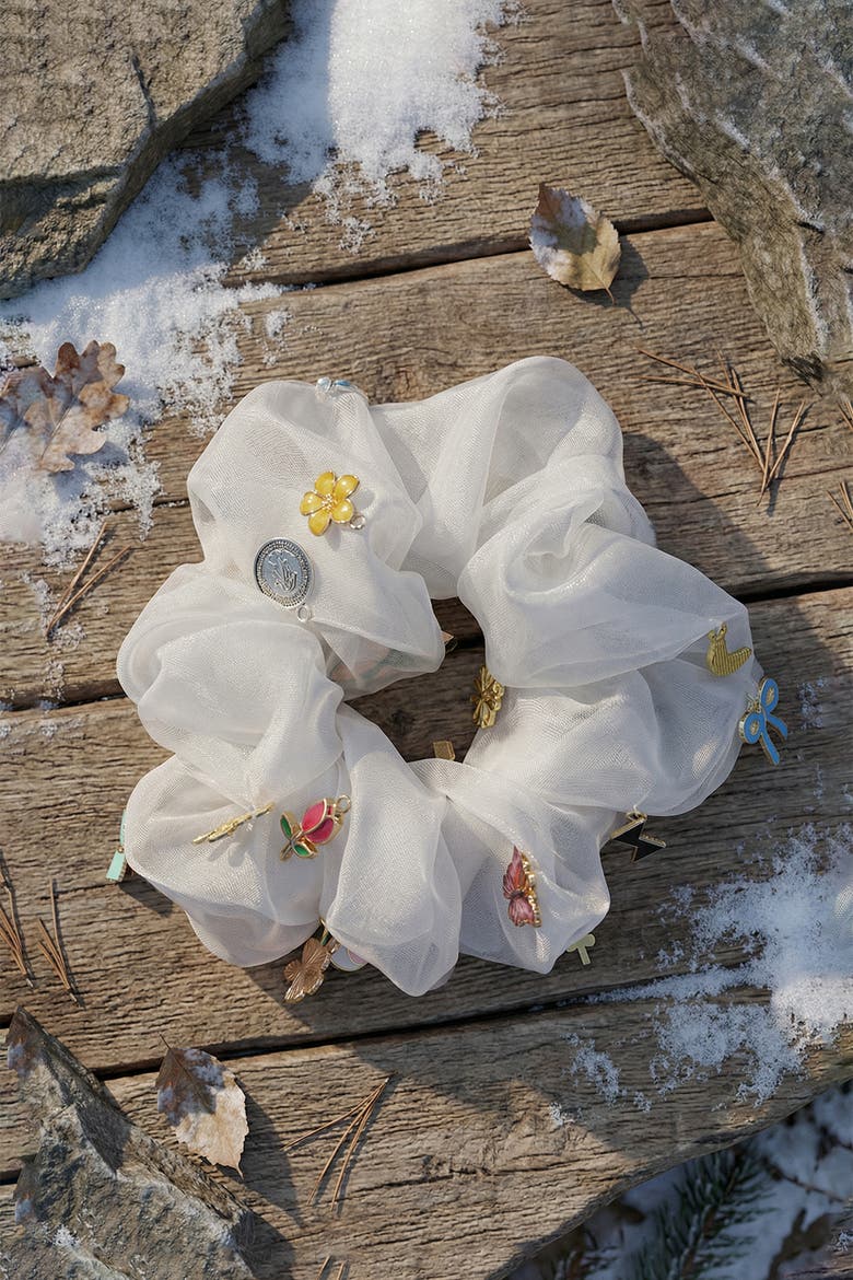 Oversized Organza Scrunchie with Charms - White, Alternate, color, White