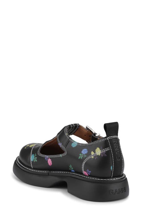 Ganni Floral-print Leather Mary Jane Pumps In Black