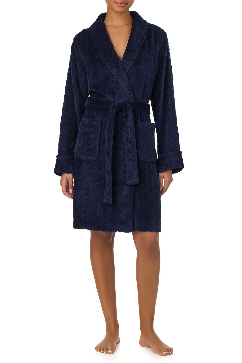 Embroidered Monogram Jacquard Fleece Robe, Main, color, NAVY