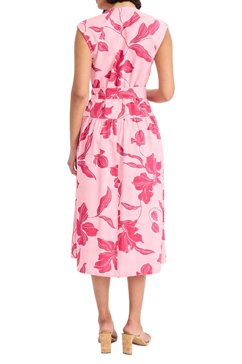 Cap Sleeve Drop Waist Linen Blend Midi Dress, Alternate, color, POWDER PINK/ BRIGHT PINK