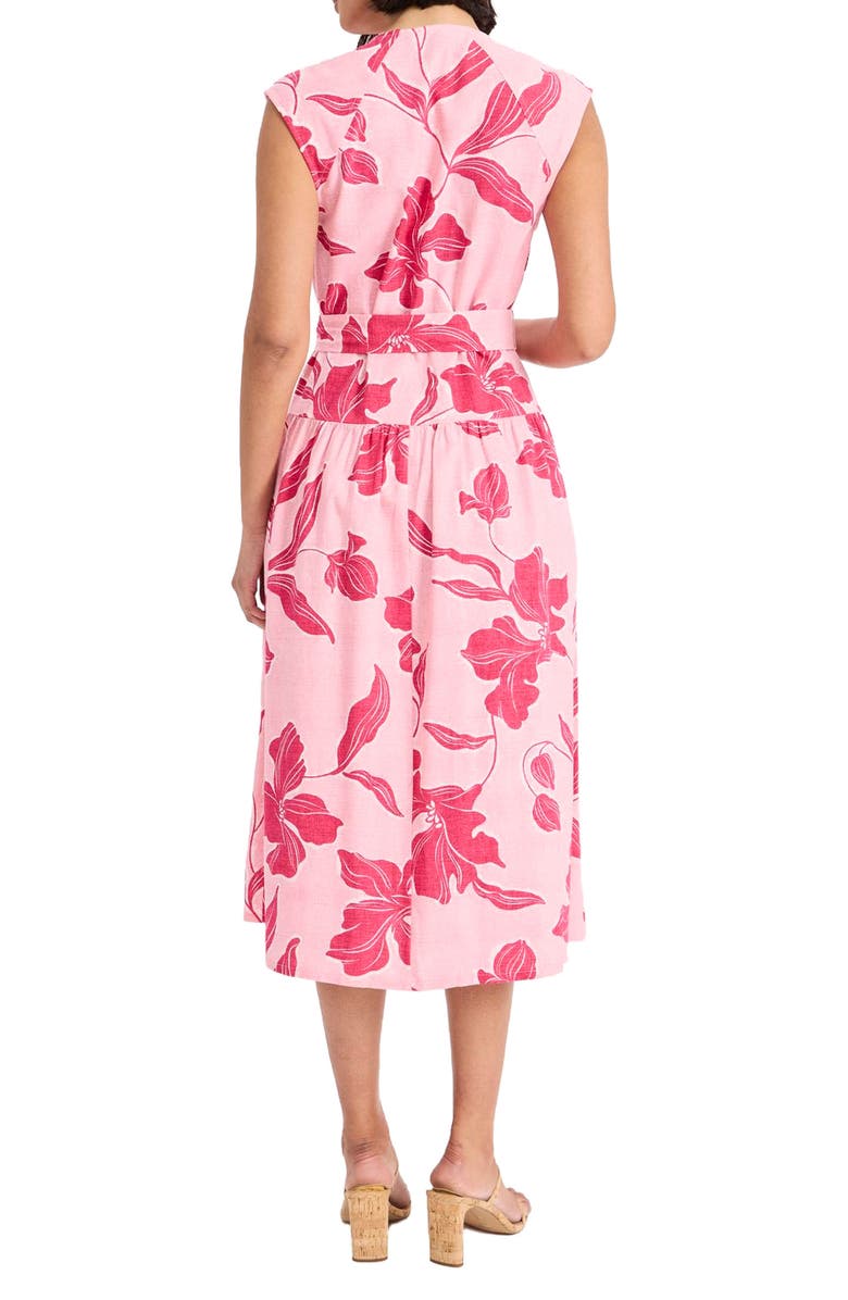 Maggy London Cap Sleeve Drop Waist Linen Blend Midi Dress, Alternate, color, Powder Pink/ Bright Pink