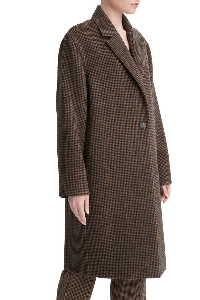 Houndstooth Check Recycled Wool Blend Coat, Alternate, color, BLACK/ CAMEL