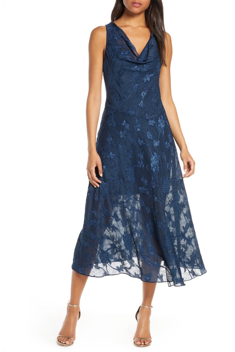 Cowl Neck Jacquard Midi Dress, Main, color, NAVY