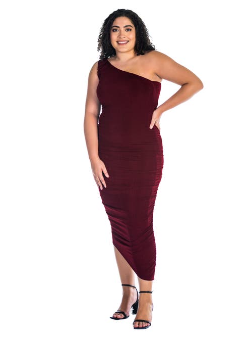24seven Comfort Apparel One Shoulder Ruched Bodycon Dress In Burgundy