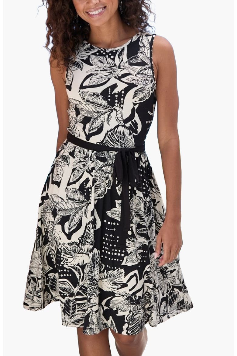 Belted Floral Print Dress, Main, color, Black & Ivory