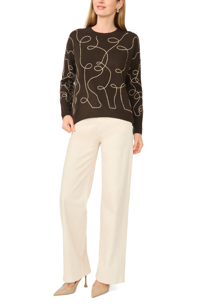 Embroidered Line Art Sweater, Alternate, color, CHOCOLATE