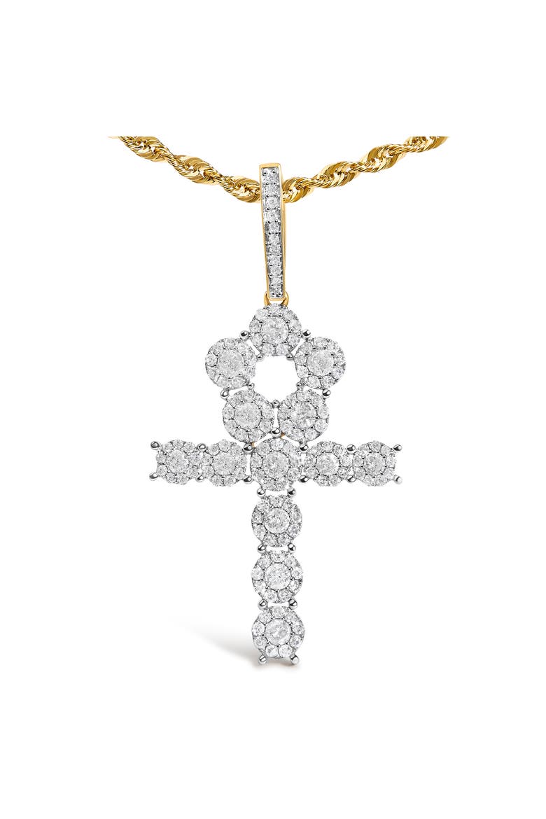 Men's 10K Yellow Gold 1 3/4 Cttw Diamond Cluster Ankh Cross Pendant Necklace - 18" Inches, Alternate, color, Yellow Gold