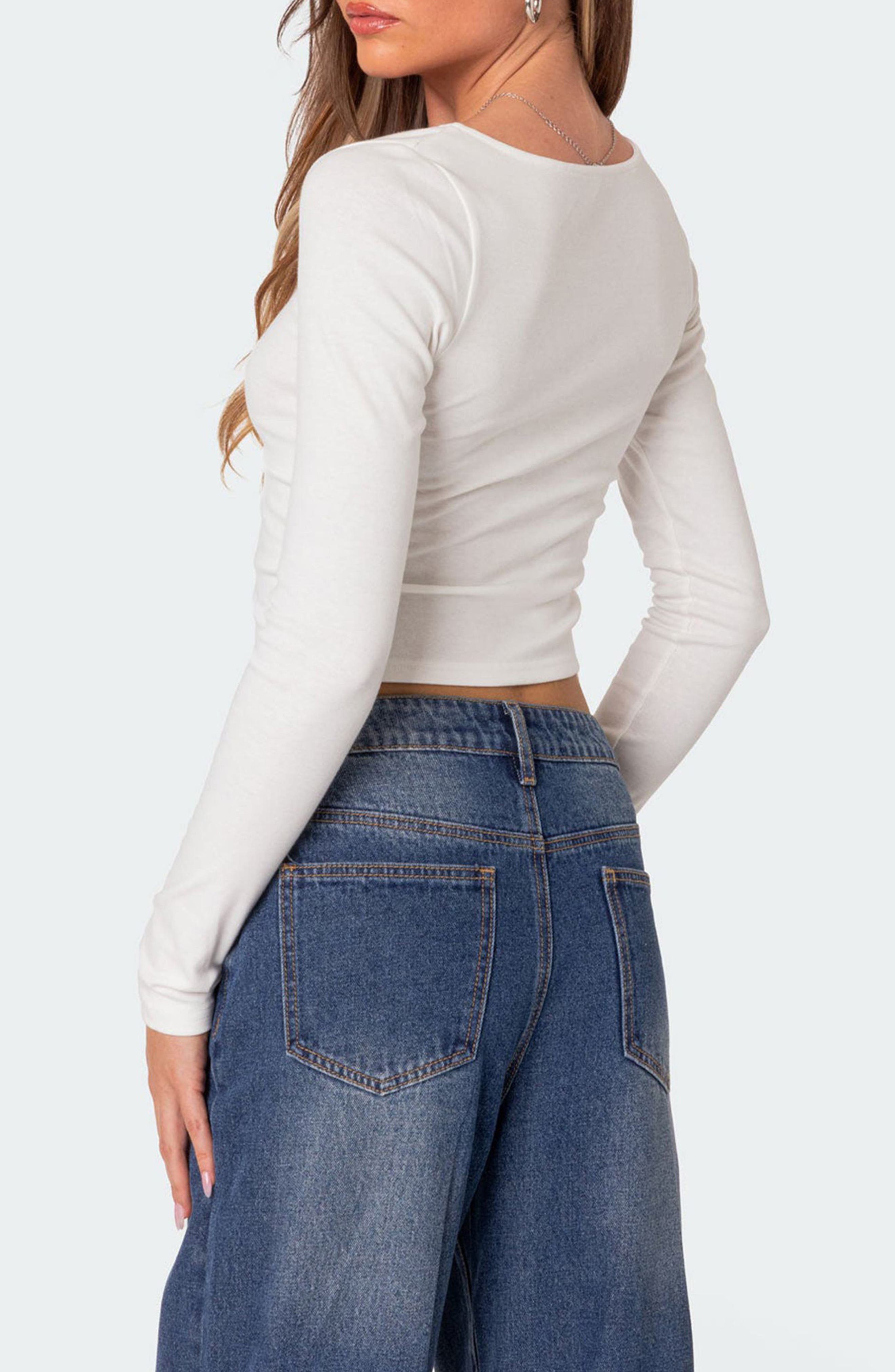Nat Ruched V-Neck Long Sleeve Crop Top - image 2