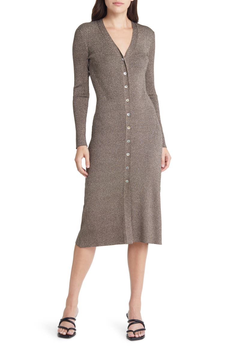 Lorraine Metallic Long Sleeve Button-Up Sweater Dress, Main, color, GOLD LUREX