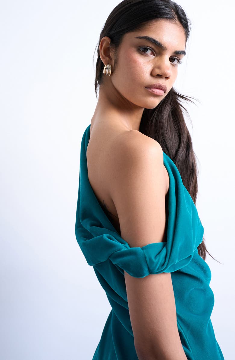Topshop Twist One-Shoulder Velvet Minidress, Alternate, color, Teal
