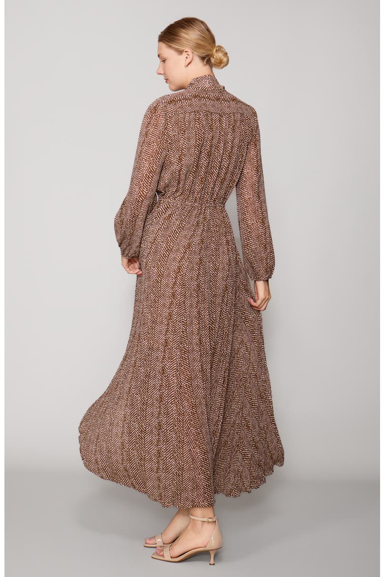 Pleated Long Sleeve Maxi Dress, Alternate, color, BROWN GEO