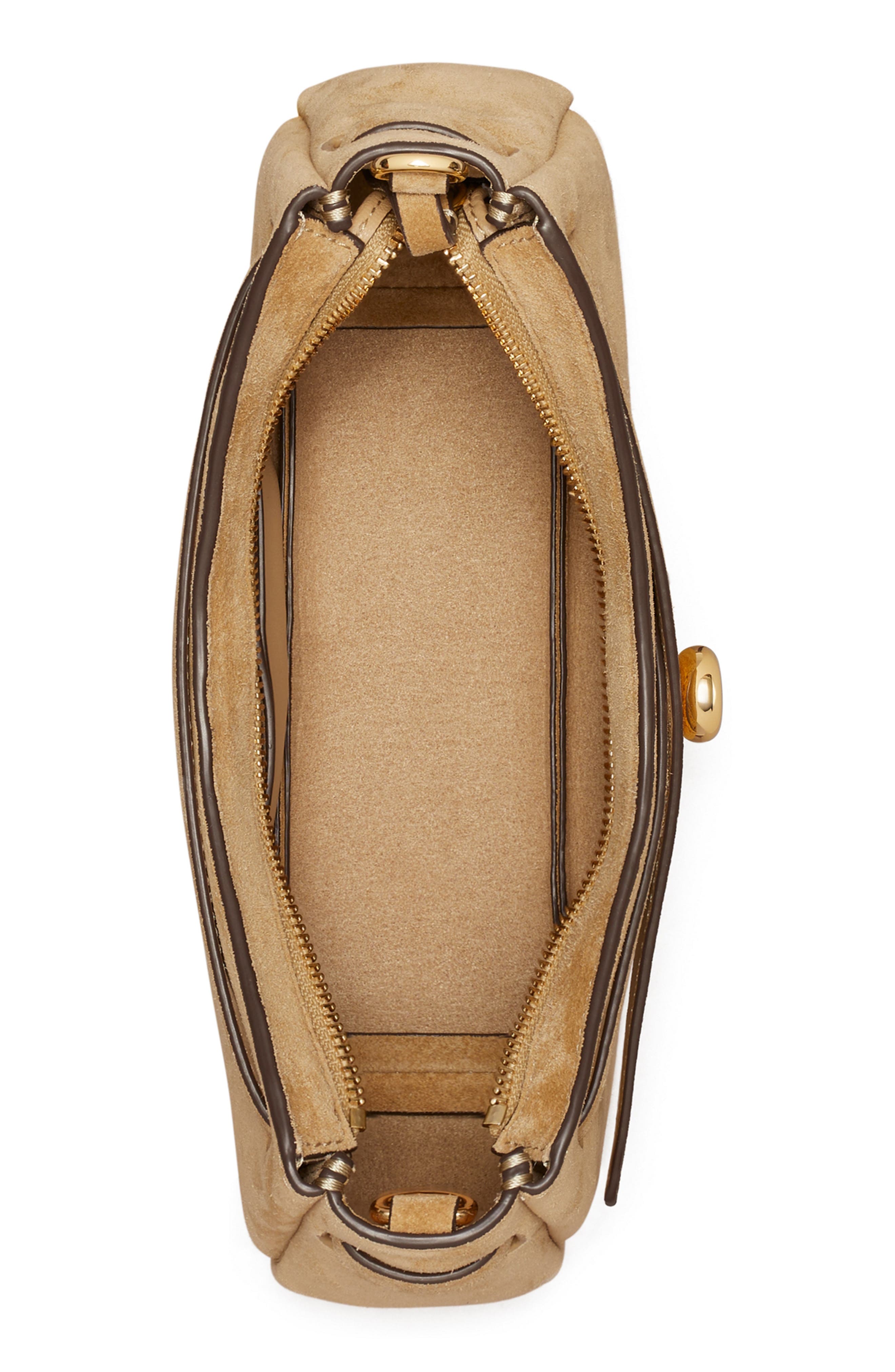 Tory Burch Romy Zip Top Suede Crossbody Bag, Alternate, color, Butter