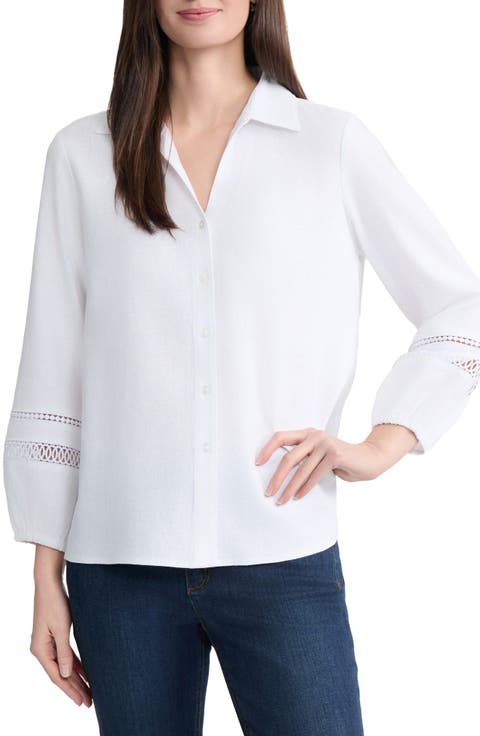 Openwork Trim Button-Up Shirt (Regular & Petite)