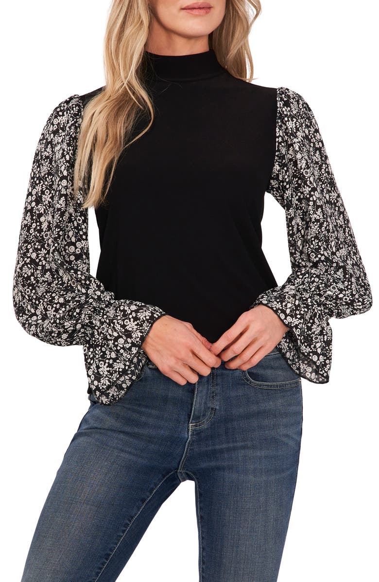 CeCe Floral Sleeve Mixed Media Knit Top, Main, color,