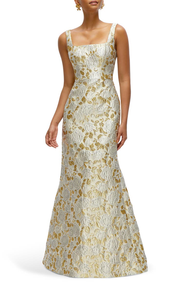 Metallic Floral Brocade Trumpet Gown, Alternate, color, WINTER MIST