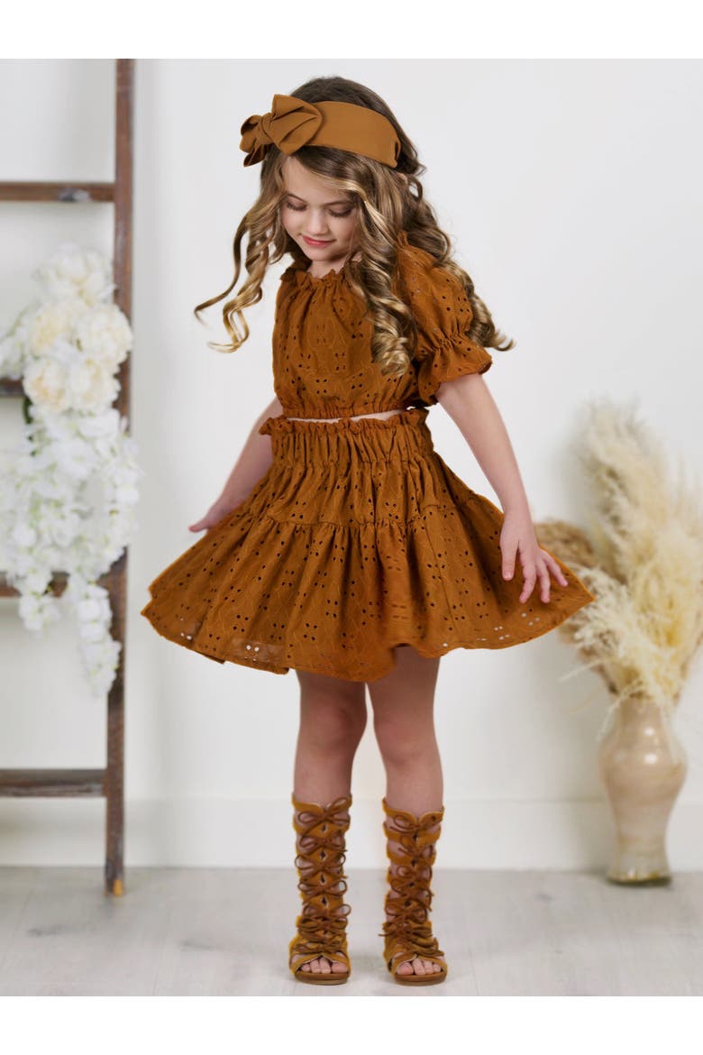 Girls Rosette Charm Eyelet Top & Skirt Set, Alternate, color, Brown