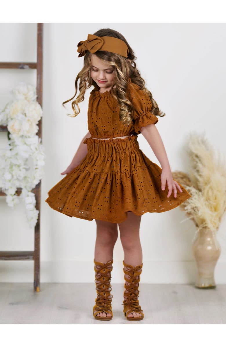 Mia Belle Girls Girls Rosette Charm Eyelet Top & Skirt Set, Alternate, color, Brown