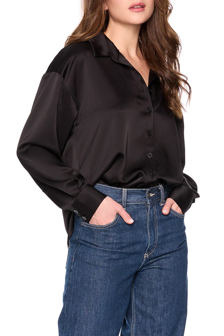 Satin Button Front Shirt, Alternate, color, BLACK