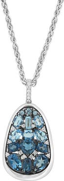 EFFY Sterling Silver Blue Topaz, London Blue Topaz & Diamond Oval Pendant Necklace
