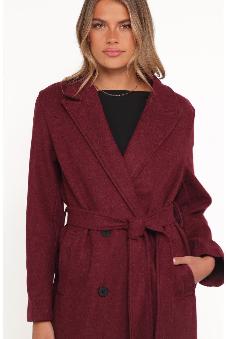 Nina Belted Faux Fur Collared Coat, Alternate, color, BURGUNDY