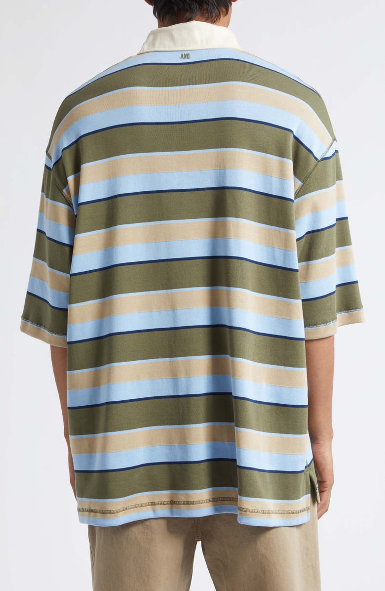 AMI PARIS Oversize Stripe Cotton Polo, Alternate, color, Bleucach/ Kaki/ Taupe/ Encre