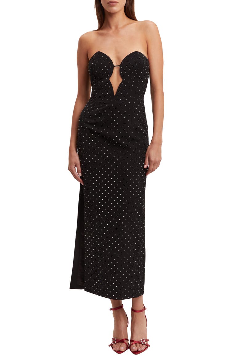 Eleni Studded Strapless Plunge Neck Midi Dress, Main, color, BLACK