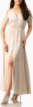 IVONNE Jacquard Satin Button-Front Maxi Dress with Puff Sleeve and Smocked Waist