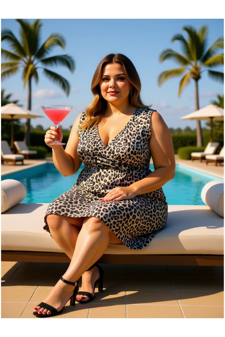 Plus Size Cheetah V-Neck Sleeveless Faux Wrap Tulip Hem Midi Dress, Alternate, color, Black Multi