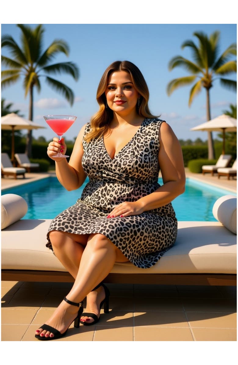 24seven Comfort Apparel Plus Size Cheetah V-Neck Sleeveless Faux Wrap Tulip Hem Midi Dress, Alternate, color, Black Multi