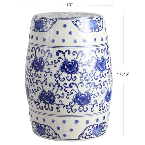 Jonathan Y Lotus Flower 17.8" Chinoiserie Ceramic Drum Garden Stool In Blue/white
