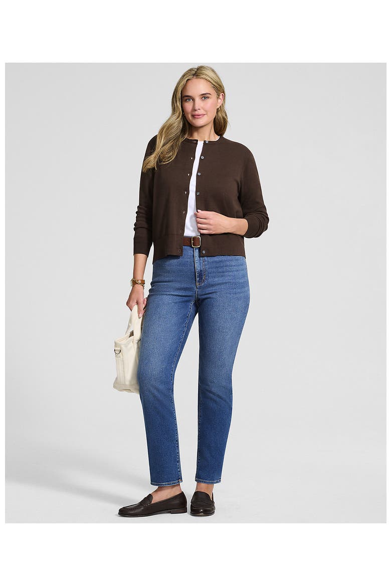 Fine Gauge Cotton Crew Cardigan Sweater, Alternate, color, Rich Coffee