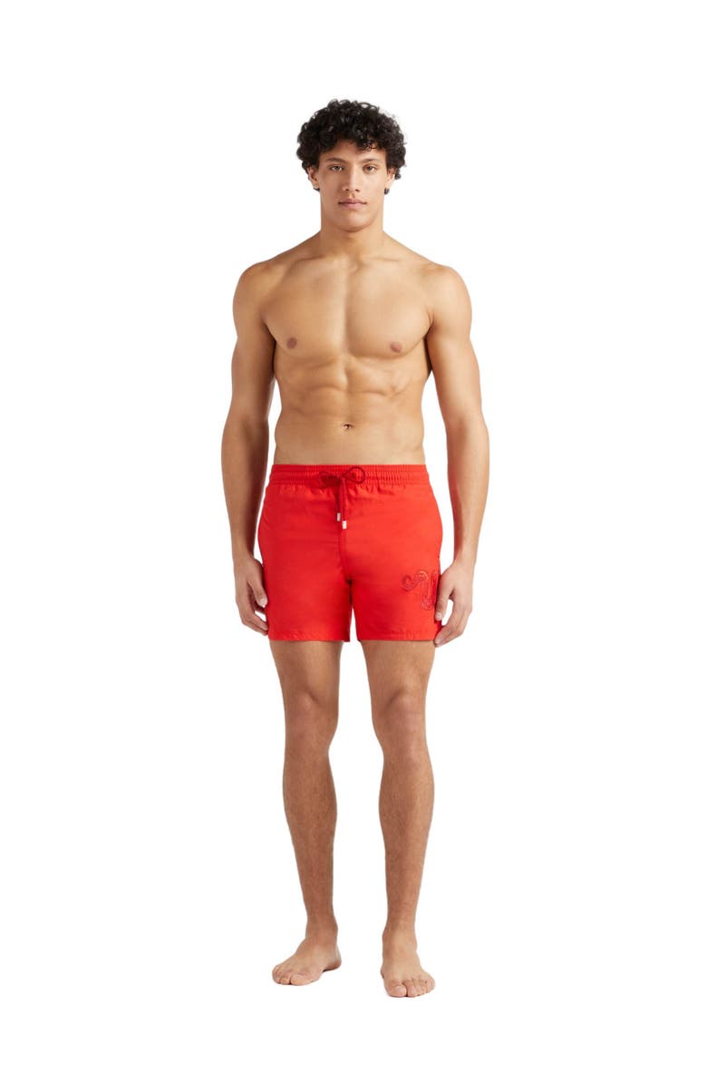 Vilebrequin Men's Snake Embroidered Swim Shorts, Main, color, Coquelicot