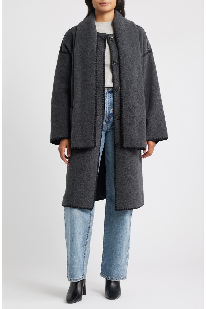 Embroidered Trim Long Scarf Coat, Alternate, color, CHARCOAL