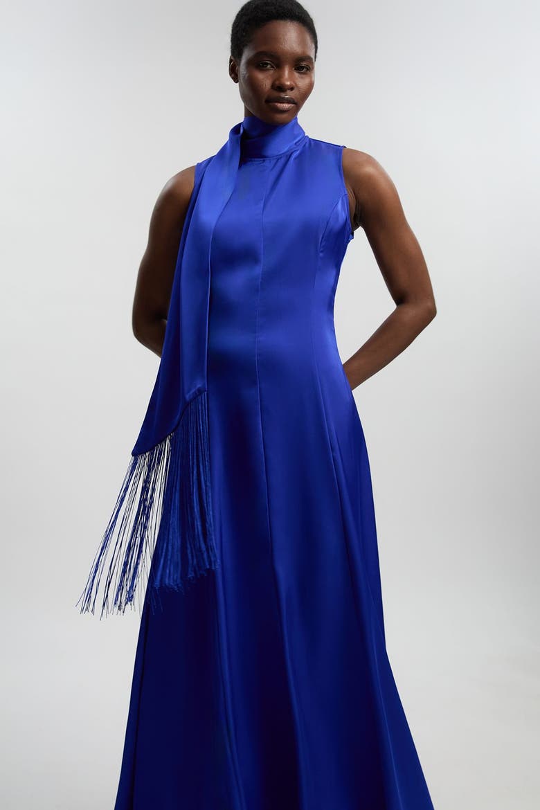 satin dress with fringe Olive SATIN FRINGE MIDAXI SLIP DRESS