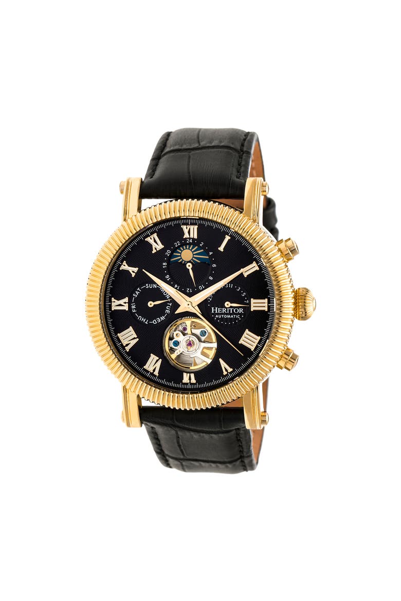 Winston Semi-Skeleton Leather-Band Watch, Main, color, Gold/Black