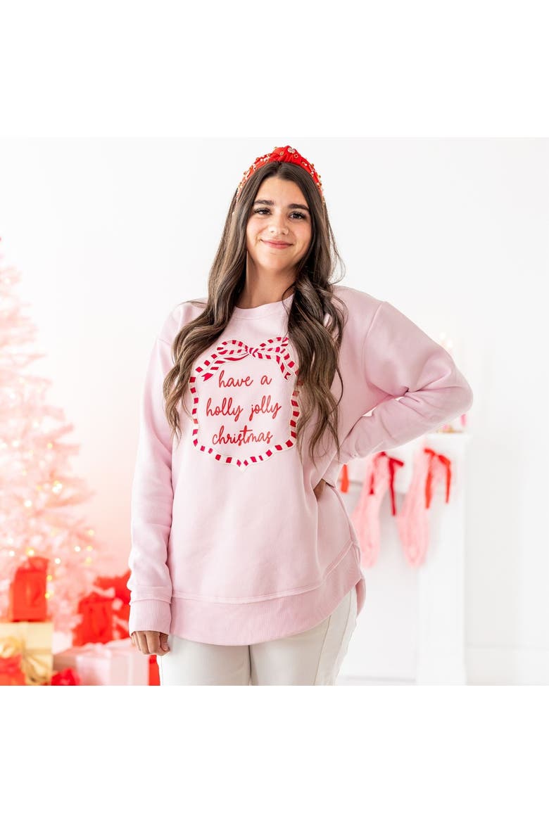 Holly Jolly Christmas Sequin Bow Patch Women's Sweatshirt, Alternate, color, Ballet Pink
