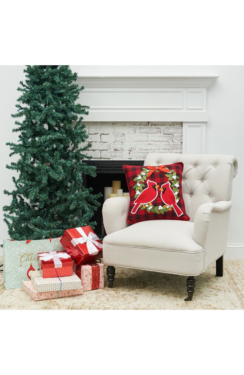 C&F Home Red Cardinal on Holly Wreath Plaid Cotton Blend Christmas Tufted Accent Throw Pillow 18" x 18", Alternate, color, Red