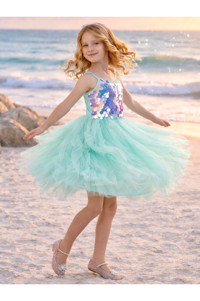 Iridescent Aqua Mermaid Sequin Party Dress, Alternate, color, Blue-Green