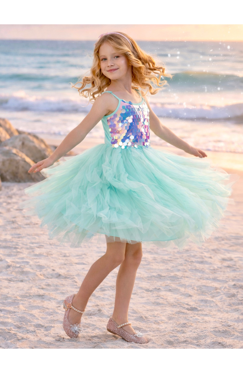 Mia Belle Girls Iridescent Aqua Mermaid Sequin Party Dress, Alternate, color, Blue-Green