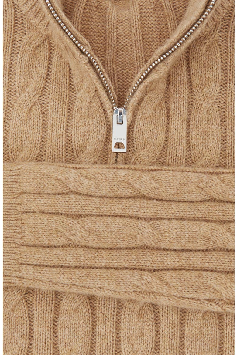 Kids' Clovelly Quarter Zip Wool Blend Cable Sweater, Alternate, color, CAMEL MELANGE