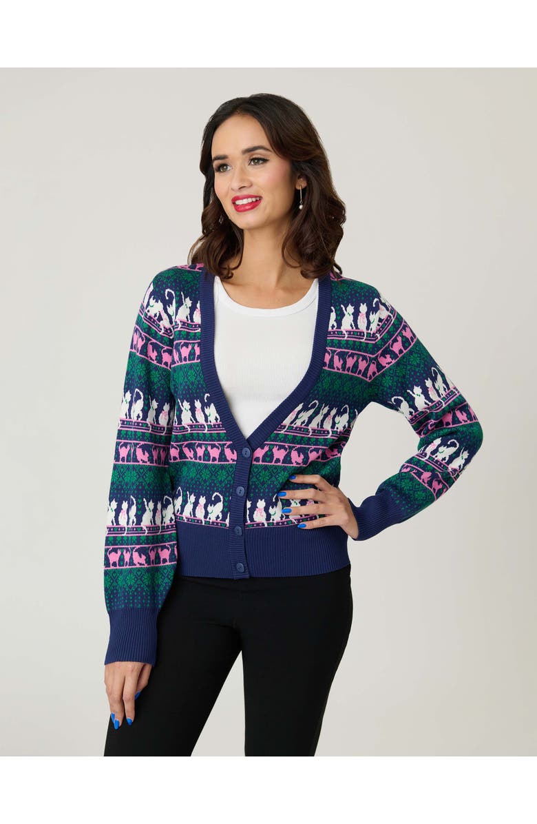Unique Vintage Cropped Knit Cardigan, Main, color, Navy Cat Print