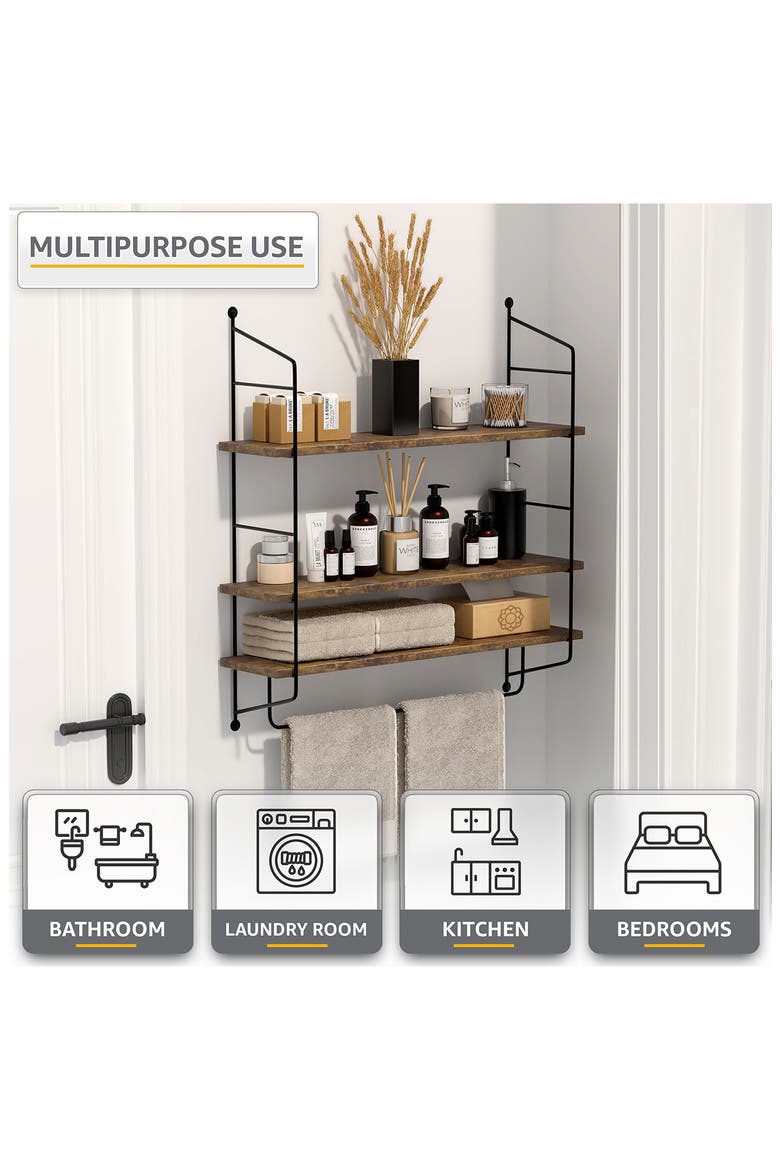 3-Tier Wooden Floating Shelf, Alternate, color, BROWN