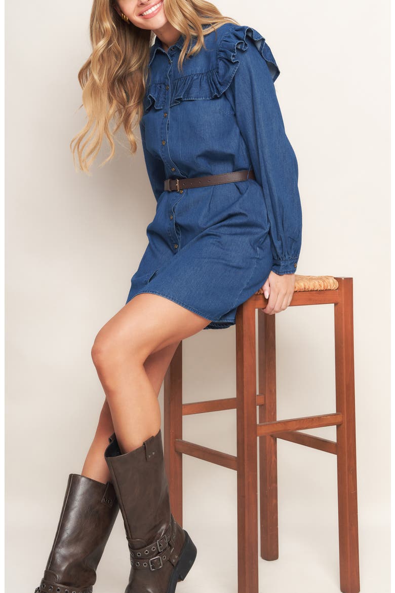 Ruffle Long Sleeve Belted Denim Shirtdress, Alternate, color, MEDIUM INDIGO