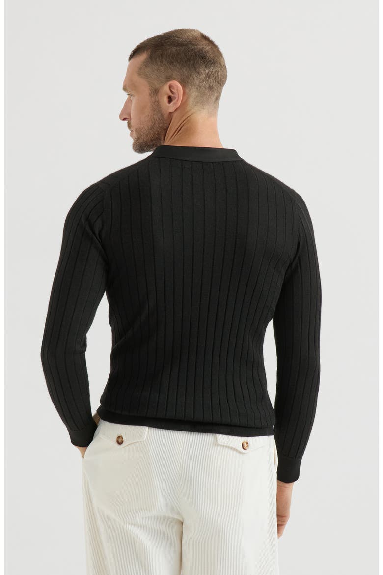 Cashmere and silk ribbed sweater with Henley collar and chest pocket, Alternate, color, Black