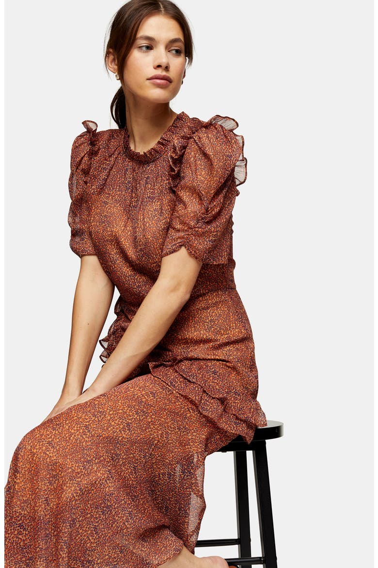 Floral Ruffle Midi Dress, Alternate, color, ORANGE