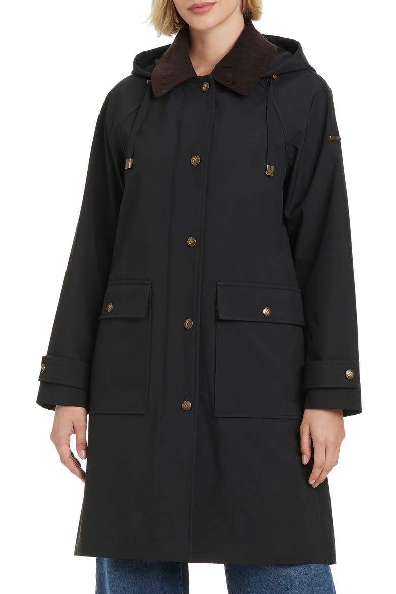 Contrast Collar Longline Raincoat, Main, color, BLACK