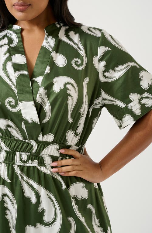 Estelle Sandswept Faux Wrap Midi Dress In Green Print