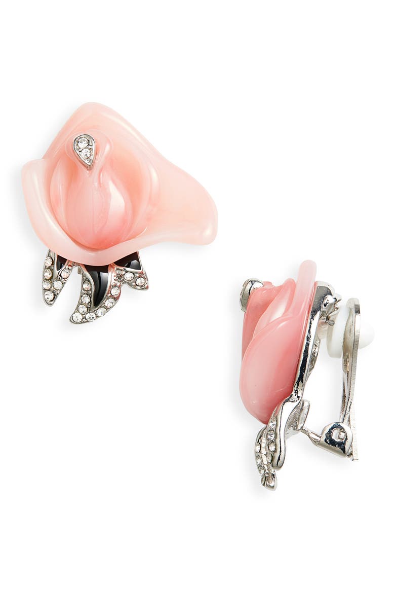 Pink Flower & Black Leaves Clip-On Earrings, Main, color, SILVER