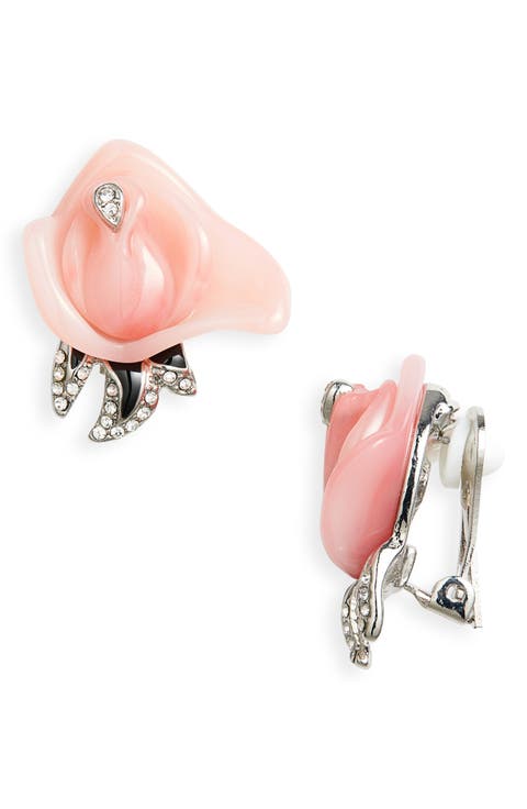 Pink Flower & Black Leaves Clip-On Earrings