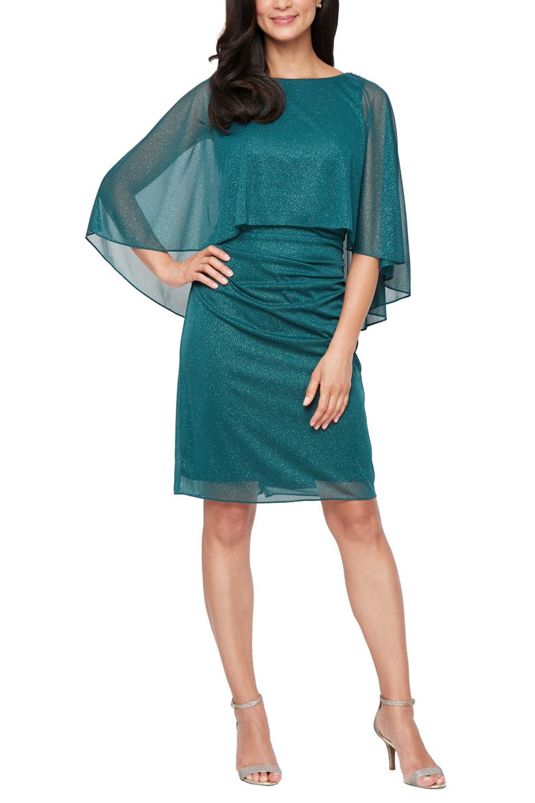 Glitter Chiffon Capelet Cocktail Dress, Main, color, PINE